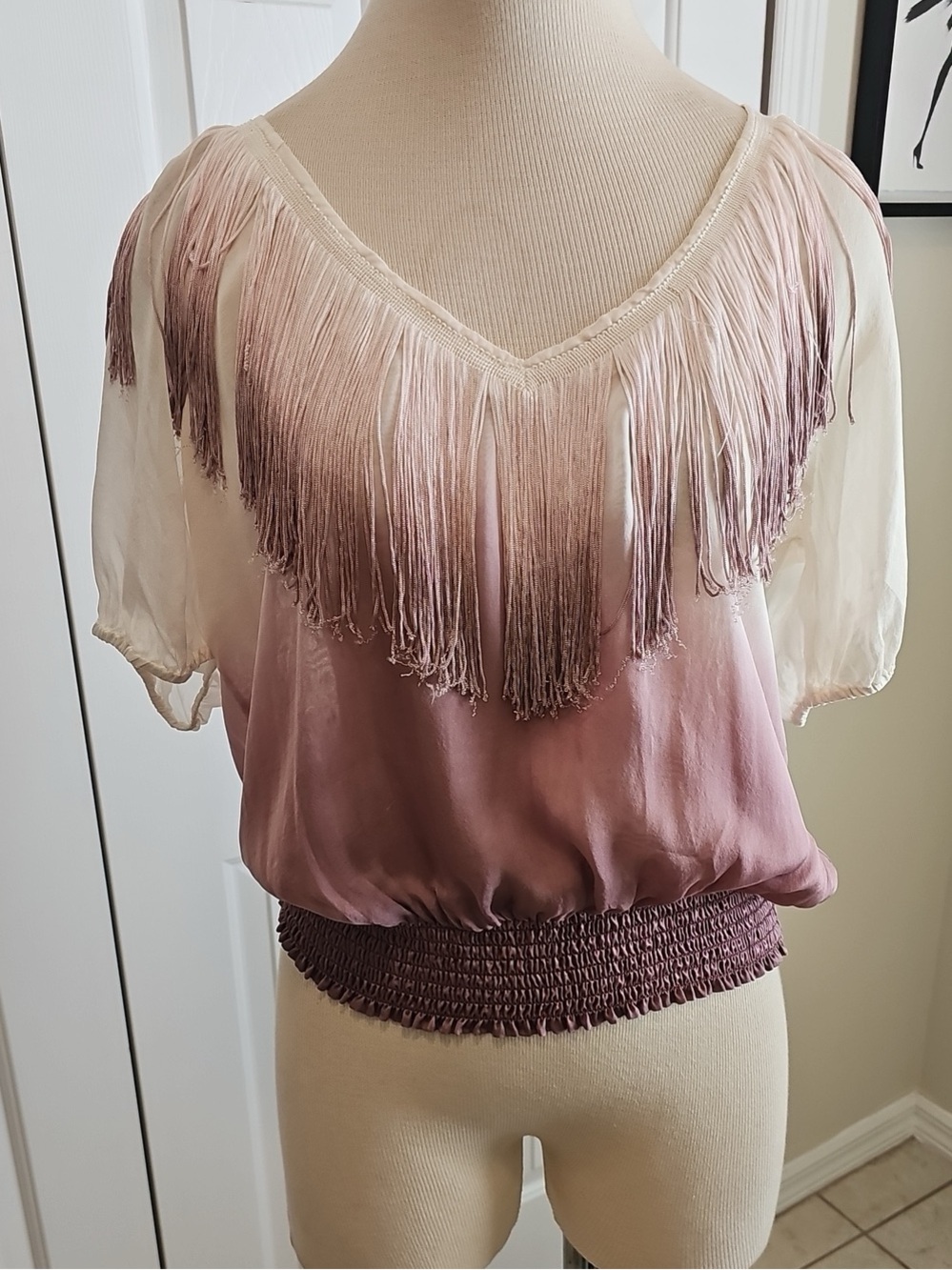 Delicate Fringe V-Neck Blouse in Dusty Pink and Cream